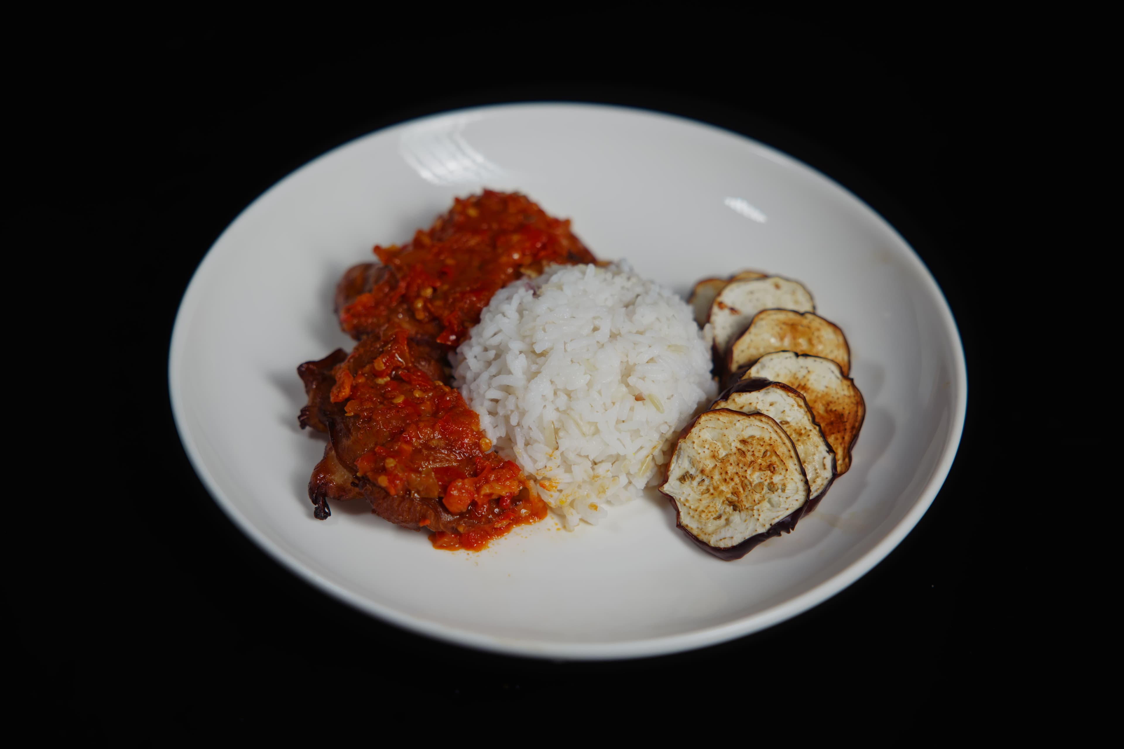Sambal Ayam Balado with Brinjal & Rice