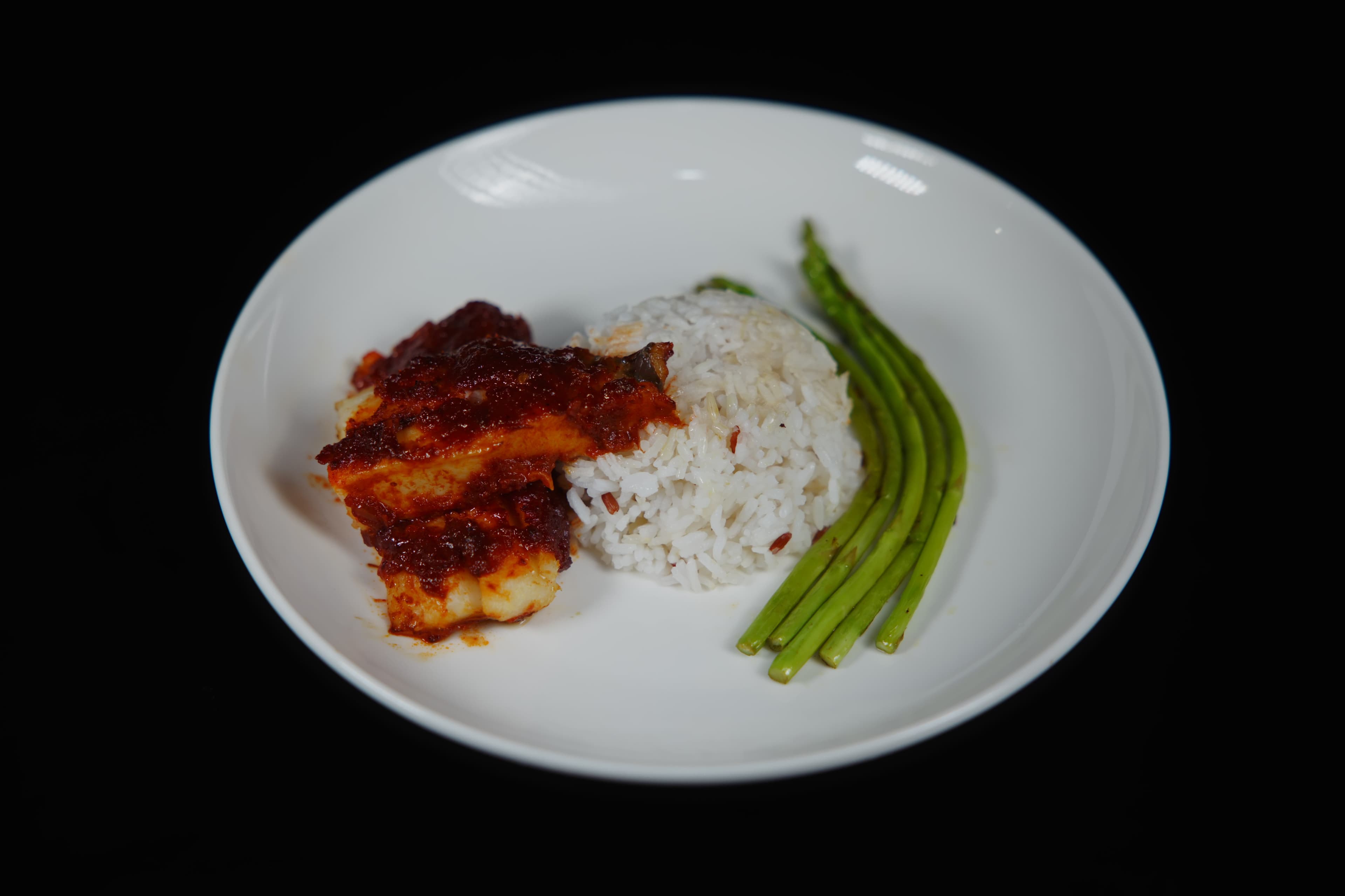 Sambal Halibut with Rice & Asparagus